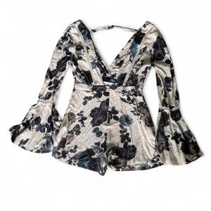 Floral Velvet Deep-V Romper with Bell Sleeves - Cream & Black